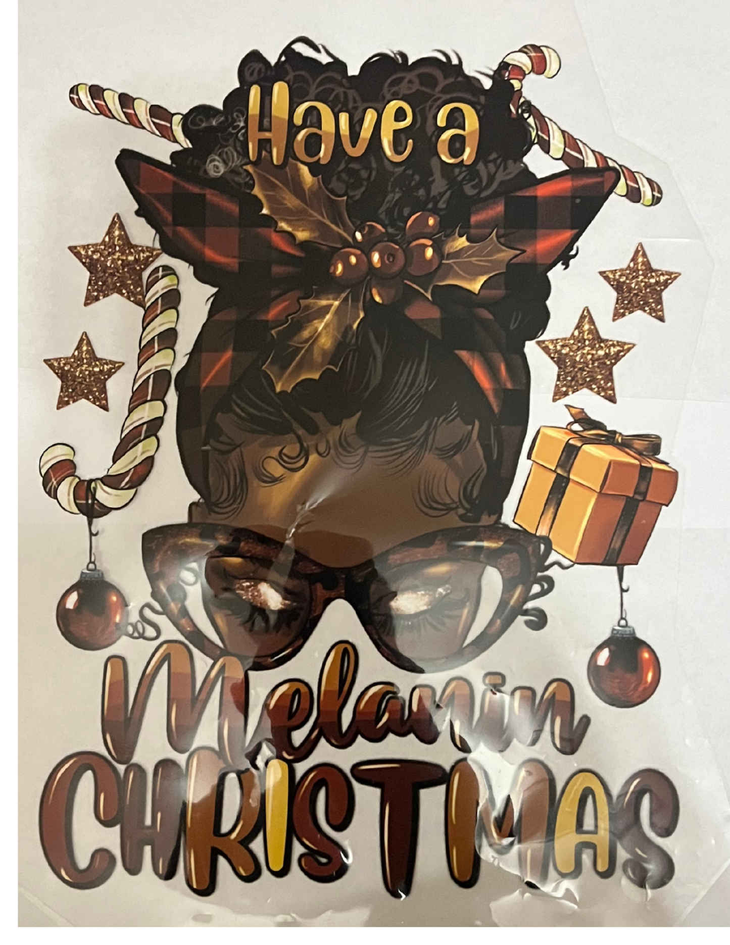“Have a Melanin Christmas” DTF Iron-On Transfer | Messy Bun Black Woman Holiday Design