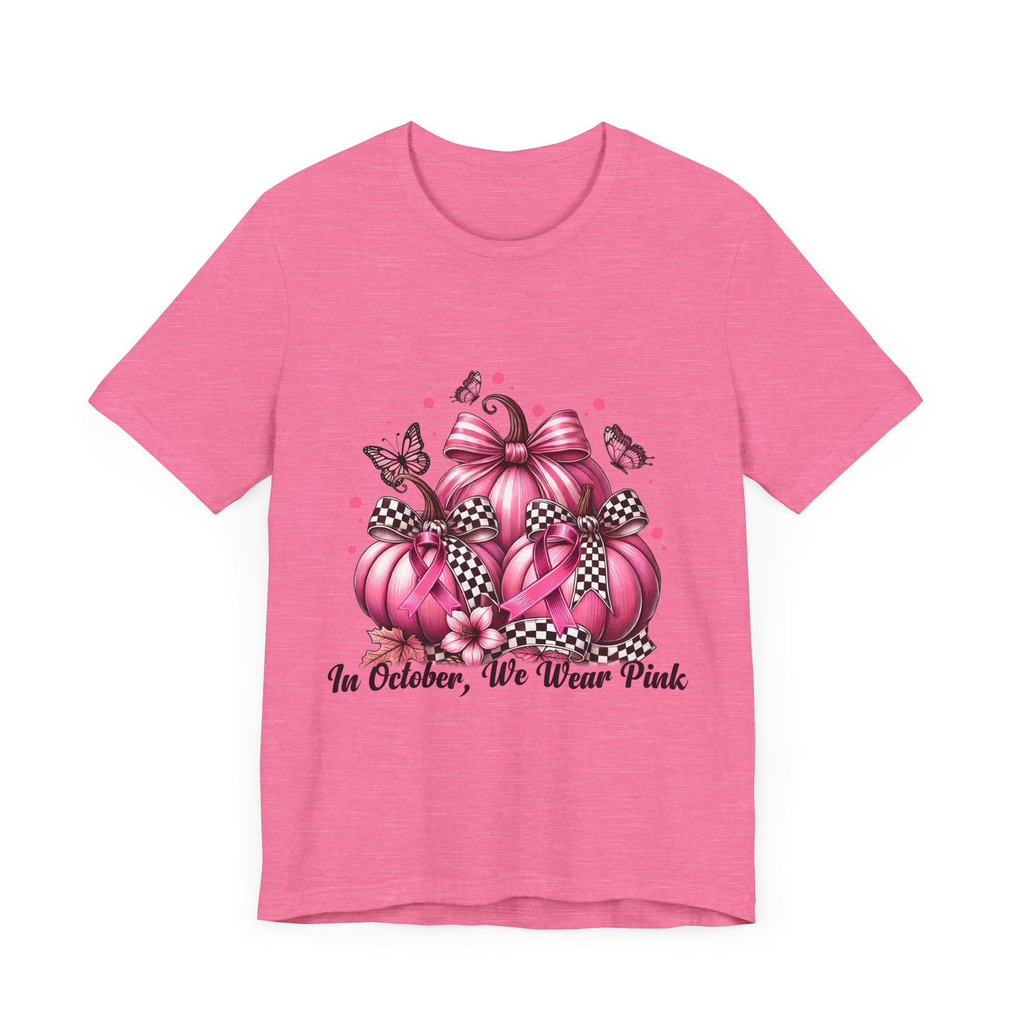 In October We Wear Pink Pumpkins Breast Cancer Awareness Unisex Jersey Short Sleeve Tee