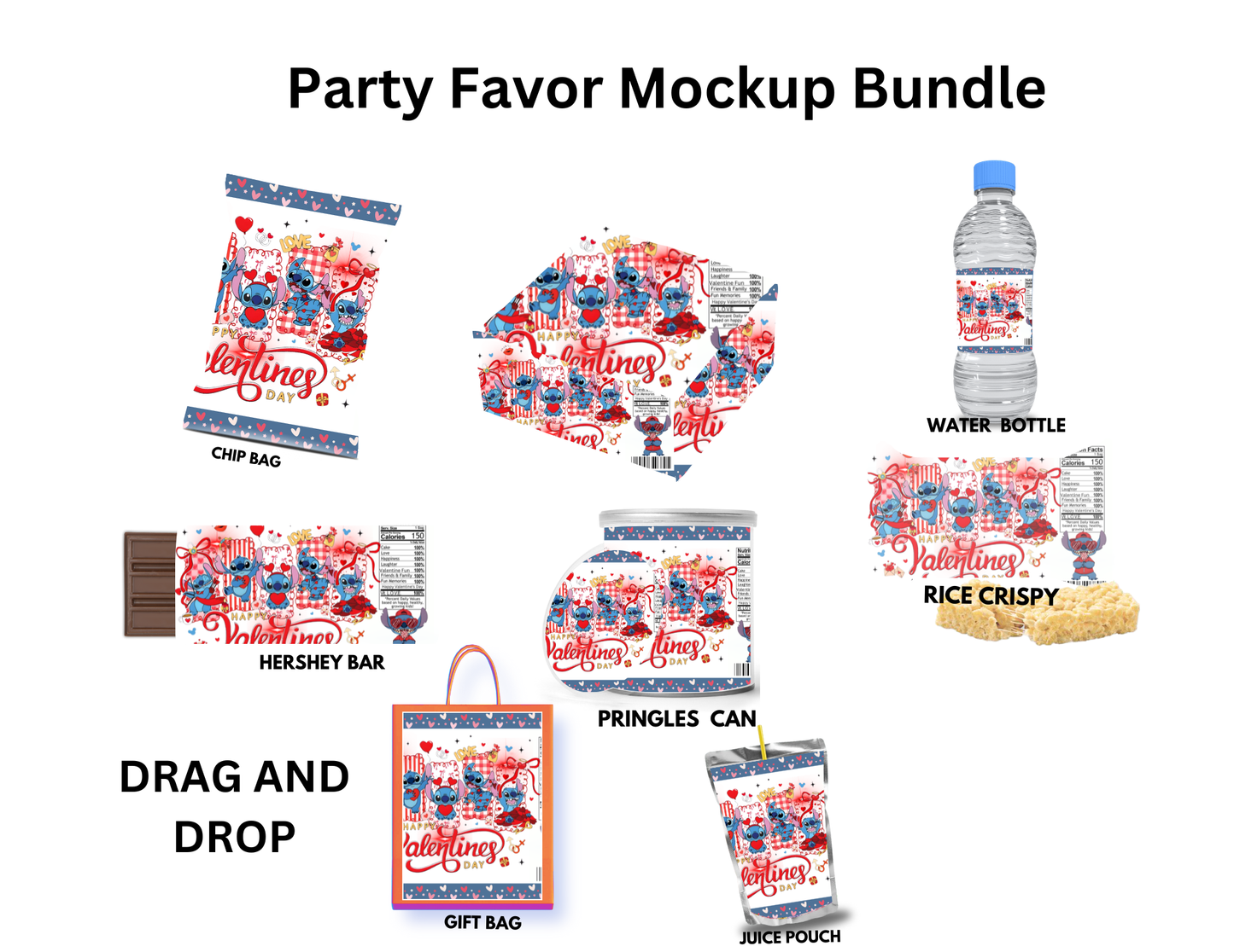 Stitch Valentine Party Favor Templates | Editable Printable Treat Wrappers, Favor Box & Bag Bundle