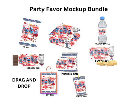 Stitch Valentine Party Favor Templates | Editable Printable Treat Wrappers, Favor Box & Bag Bundle