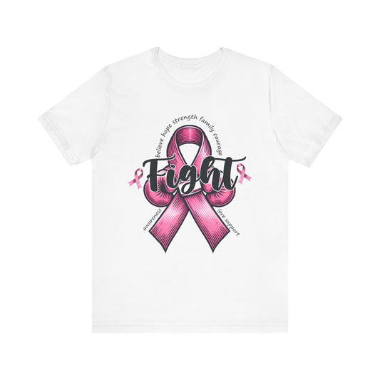 Fight Breast Cancer Awareness Unisex Jersey Short Sleeve Tee with Pink Ribbon