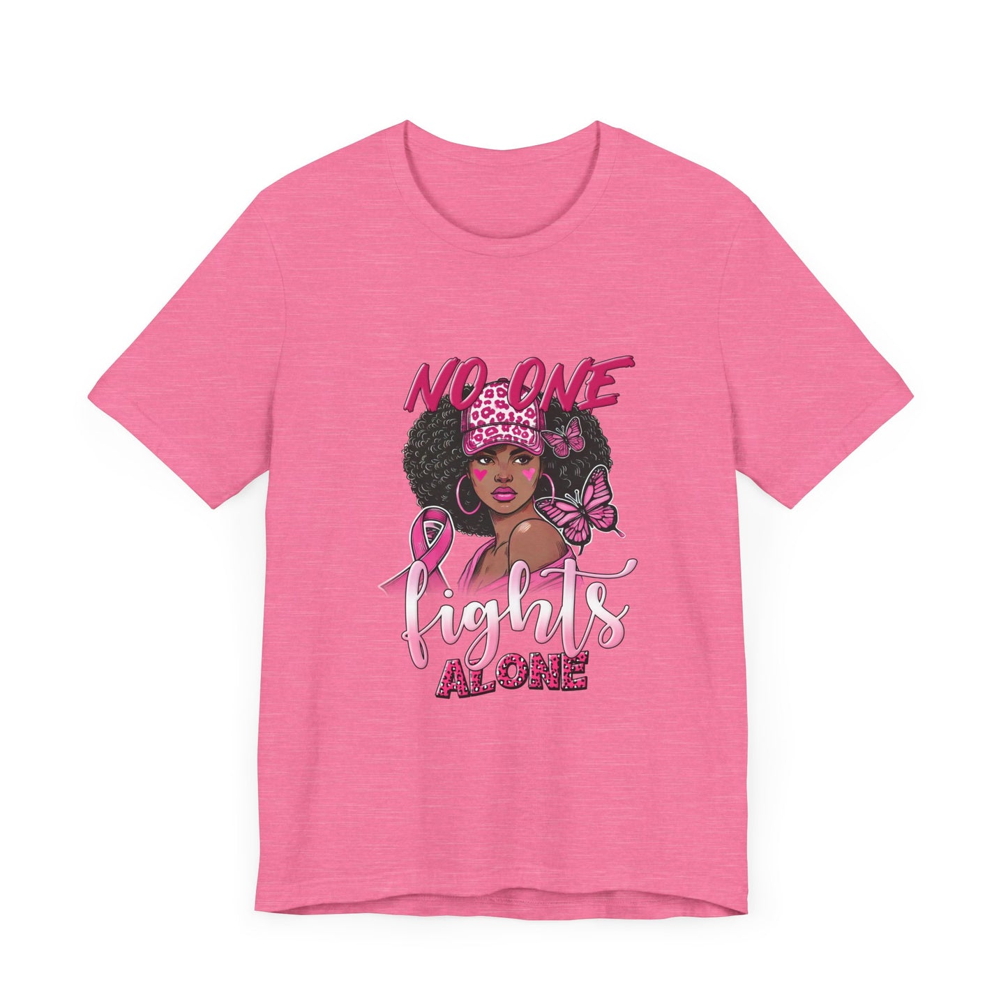 No One Fights Alone Breast Cancer Awareness Unisex Jersey Short Sleeve Tee Black Girl with Curly Hair