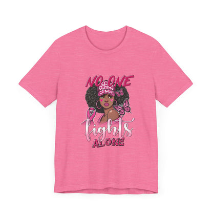 No One Fights Alone Breast Cancer Awareness Unisex Jersey Short Sleeve Tee Black Girl with Curly Hair