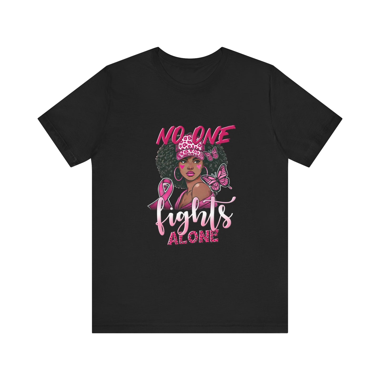 No One Fights Alone Breast Cancer Awareness Unisex Jersey Short Sleeve Tee Black Girl with Curly Hair