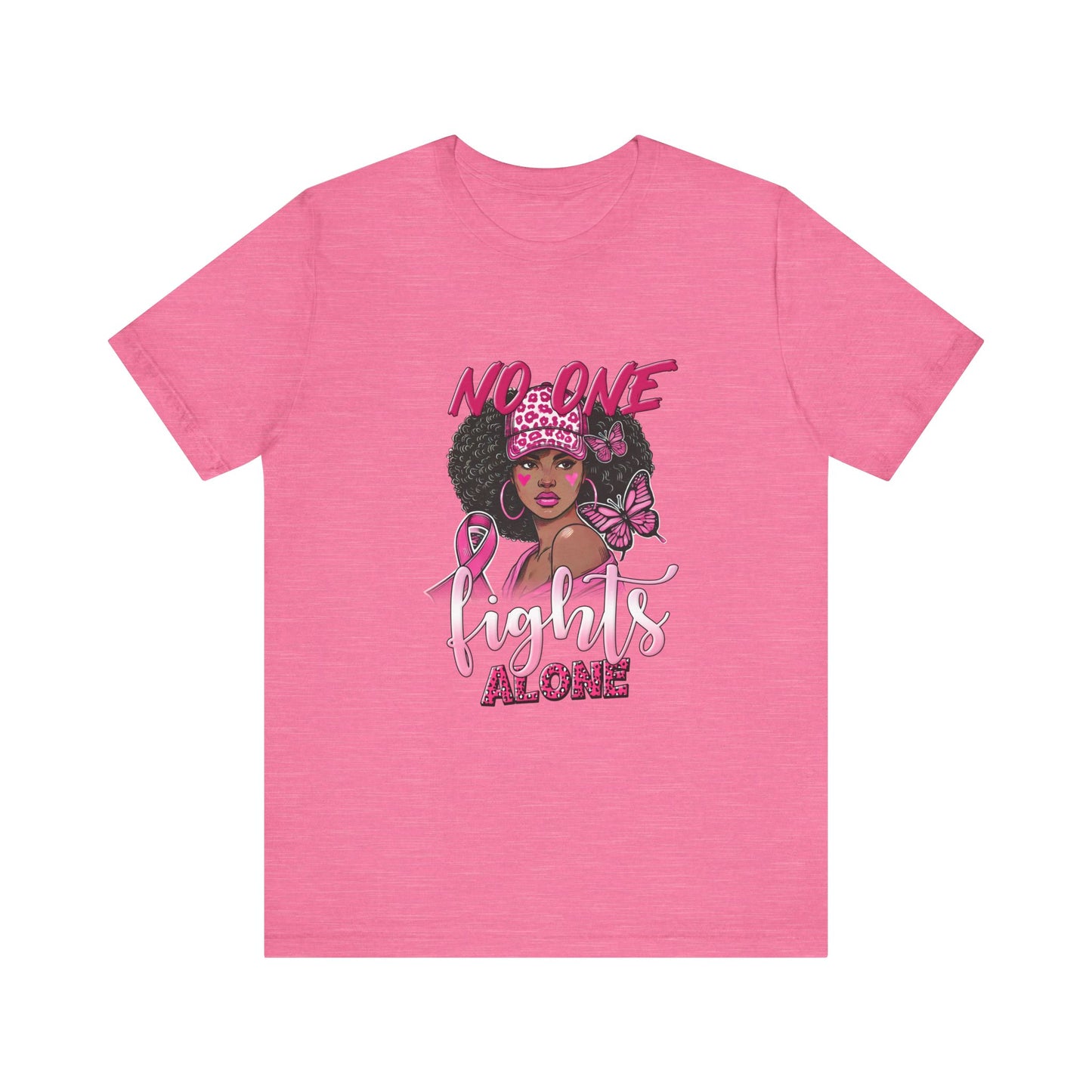 No One Fights Alone Breast Cancer Awareness Unisex Jersey Short Sleeve Tee Black Girl with Curly Hair