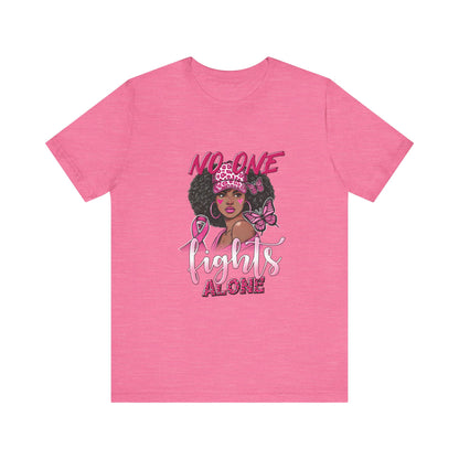 No One Fights Alone Breast Cancer Awareness Unisex Jersey Short Sleeve Tee Black Girl with Curly Hair