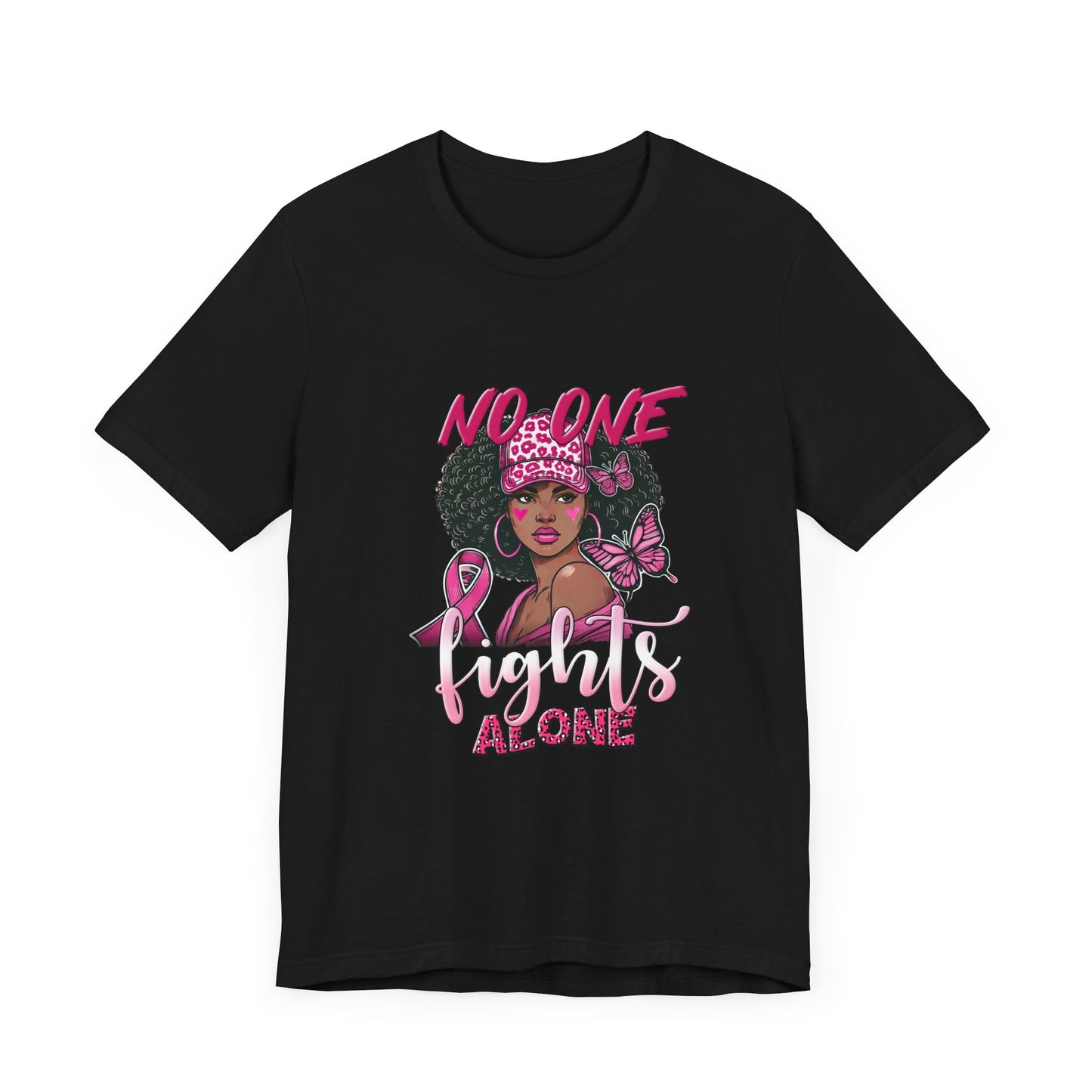 No One Fights Alone Breast Cancer Awareness Unisex Jersey Short Sleeve Tee Black Girl with Curly Hair