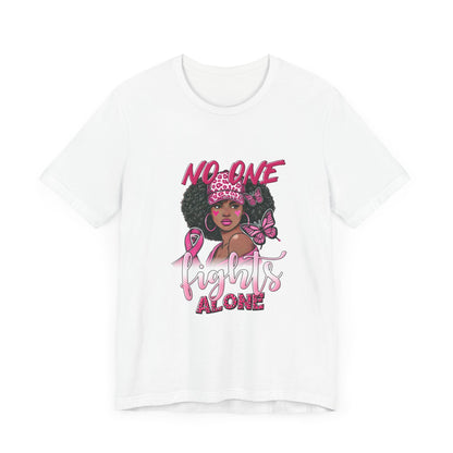 No One Fights Alone Breast Cancer Awareness Unisex Jersey Short Sleeve Tee Black Girl with Curly Hair