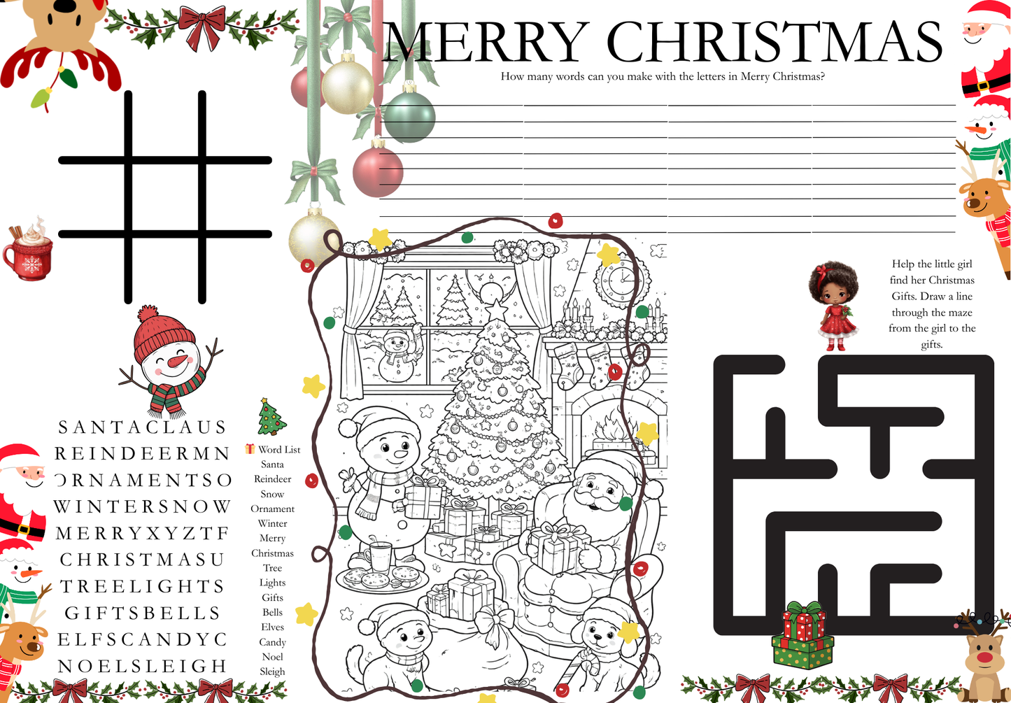 Kids Christmas Activity Mat | Holiday Printable for Kids | Christmas Games & Coloring | Word Search | Digital Download