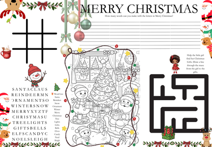 Kids Christmas Activity Mat | Holiday Printable for Kids | Christmas Games & Coloring | Word Search | Digital Download