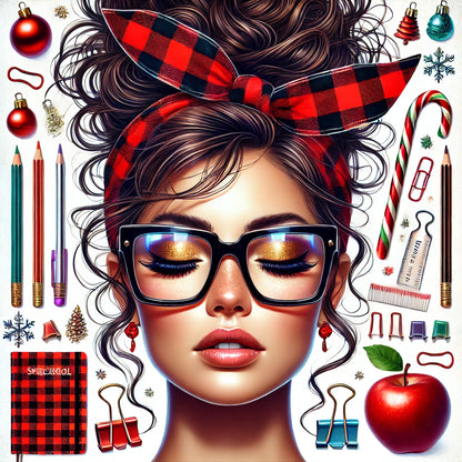 Messy Bun Women Clipart Set – Plaid Scarf Hair Tie PNGs | Trendy Female Illustrations for Sublimation, Stickers & Crafts (Digital Download)