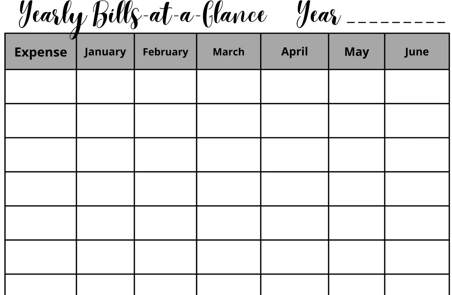 Year At a Glance Bill Planner Page