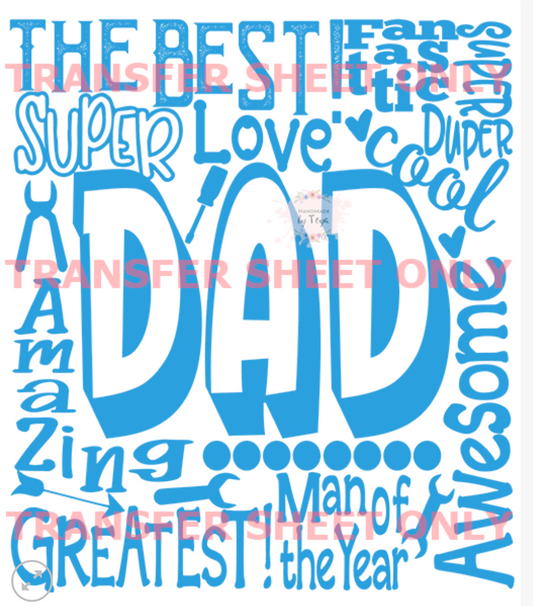 “Best Dad Word Collage” – Screen Print Transfer (Blue Ink)