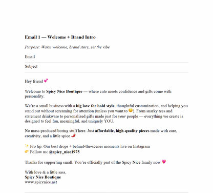 Spicy Nice Email Drip Campaign – Done-For-You Welcome Nurture Emails (B2C + B2B)