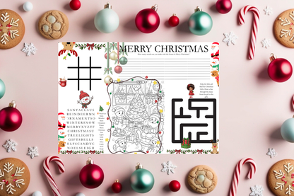 Kids Christmas Activity Mat | Holiday Printable for Kids | Christmas Games & Coloring | Word Search | Digital Download